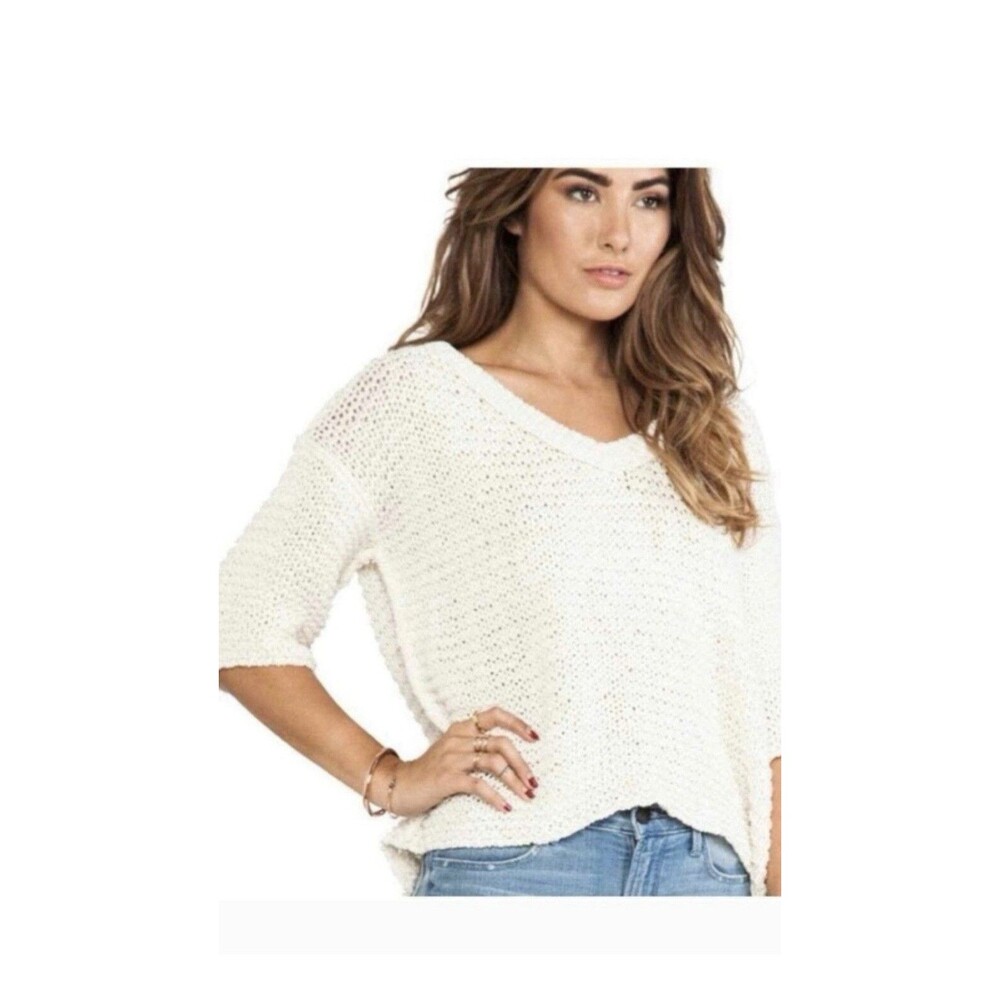 Free People Park Slope Women’s Ivory V Neck Oversize Chunky Knit Sweater Size S